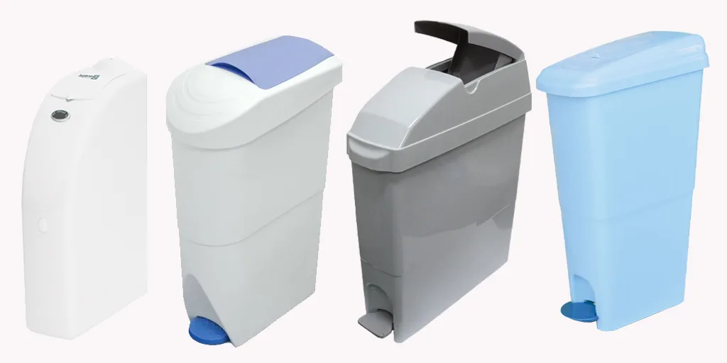 Range of modern sanitary bin models supplied and serviced by Cleanzone for hygienic washrooms in Canberra workplaces.