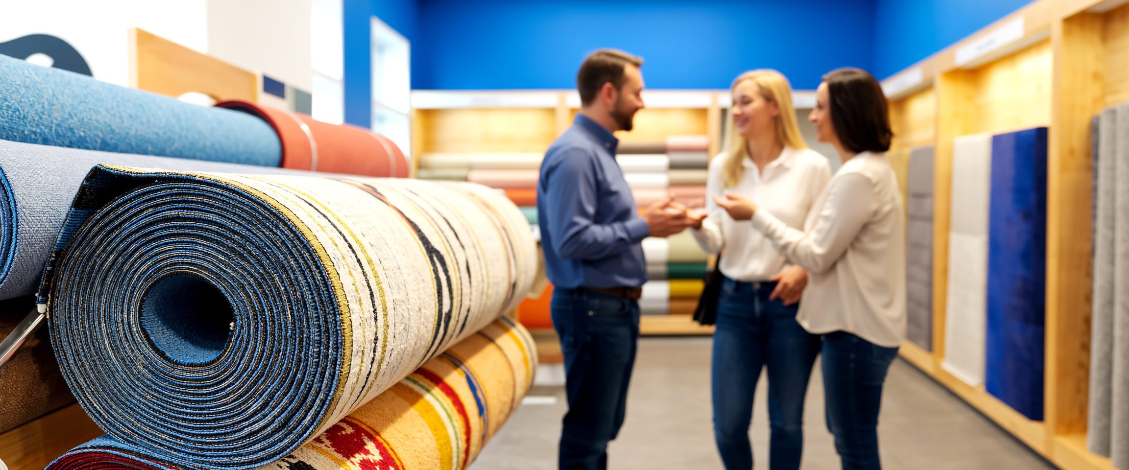 Customers viewing carpets in a showroom, demonstrating Cleanzone commercial cleaning services