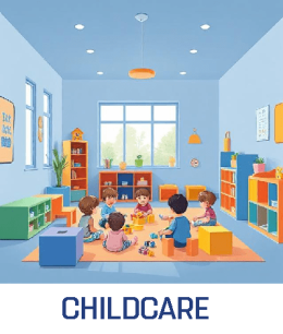 commercial-cleaning-childcare-cartoon-canberra Cartoon illustration representing Cleanzone commercial cleaning services in childcare centres in Canberra