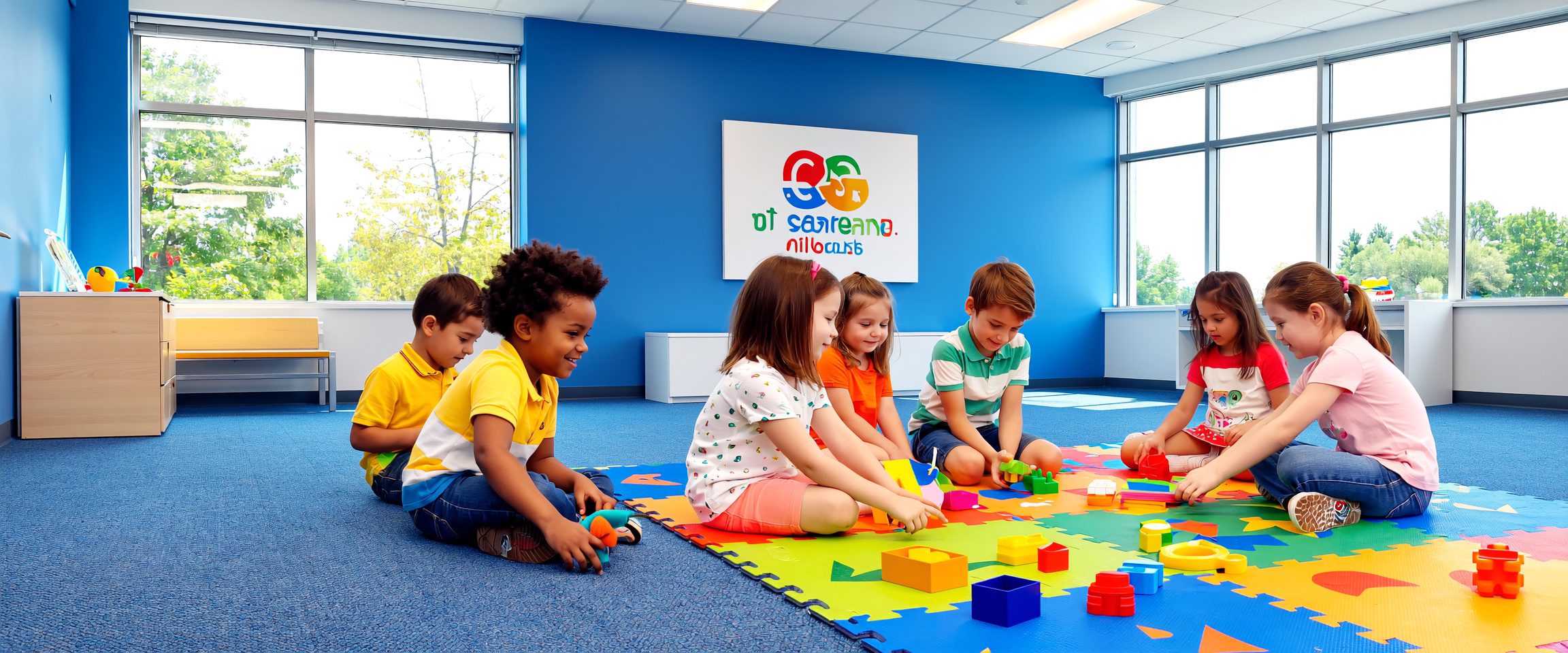 Children in a childcare classroom on the floor, highlighting Cleanzone commercial cleaning services
