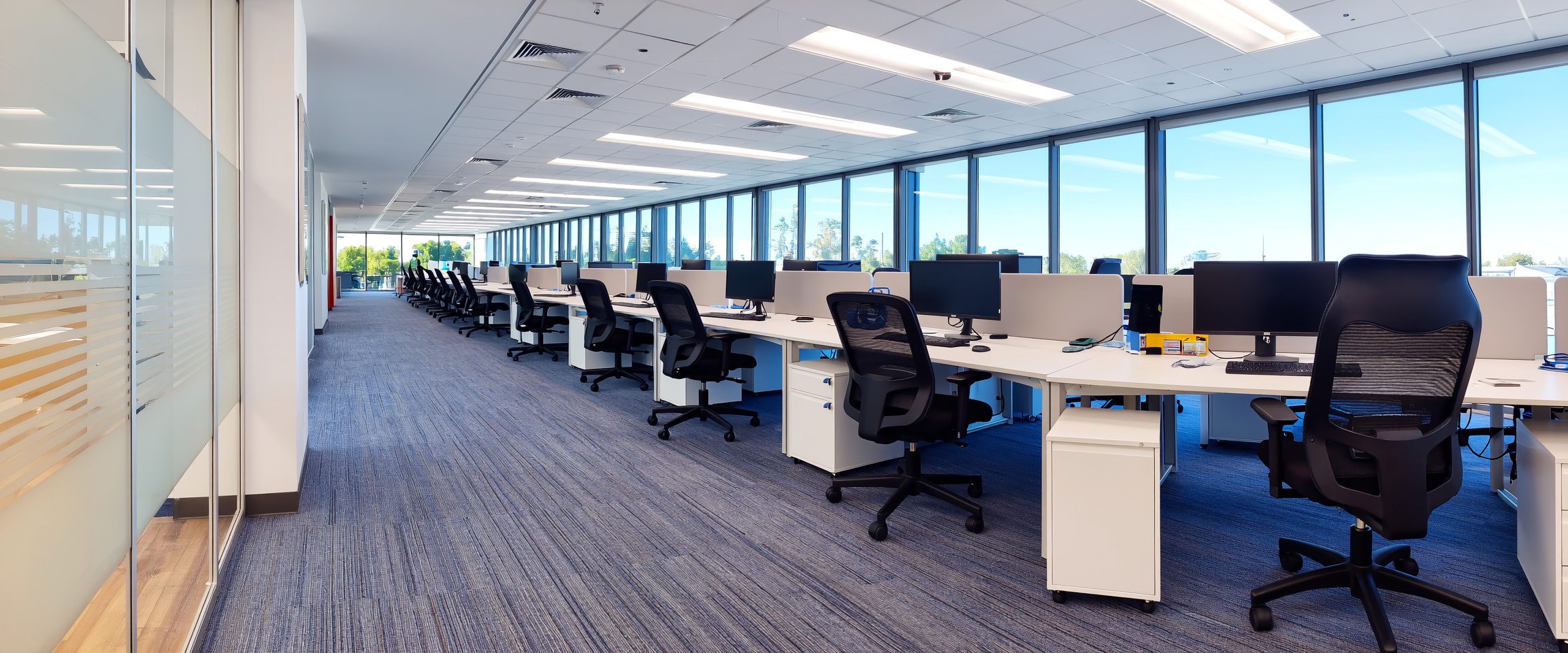 Row of office workstations cleaned professionally, illustrating Cleanzone commercial cleaning services in Canberra