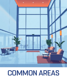 commercial-cleaning-common-areas-cartoon-canberra Cartoon illustration representing Cleanzone commercial cleaning services in common areas in Canberra