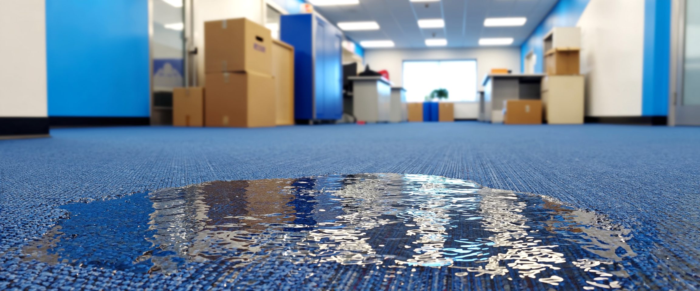 Flooded carpet in an office being treated by professional commercial cleaners in Canberra