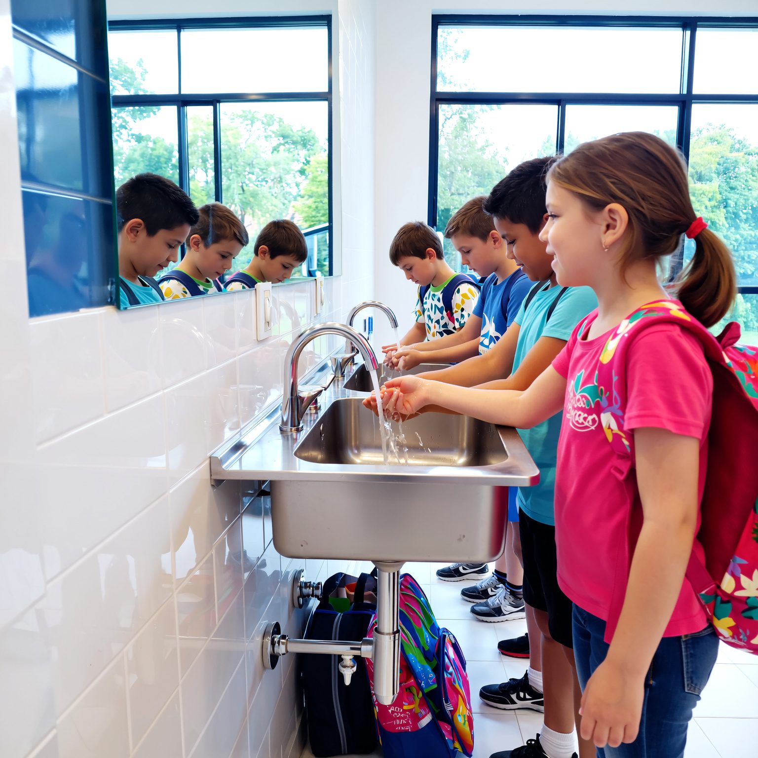 School children washing hands at communal sink, illustrating Cleanzone commercial cleaning hygiene services