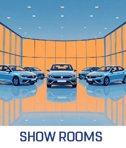 commercial-cleaning-showroom-cartoon-canberra Cartoon illustration of a showroom representing Cleanzone commercial cleaning services in Canberra