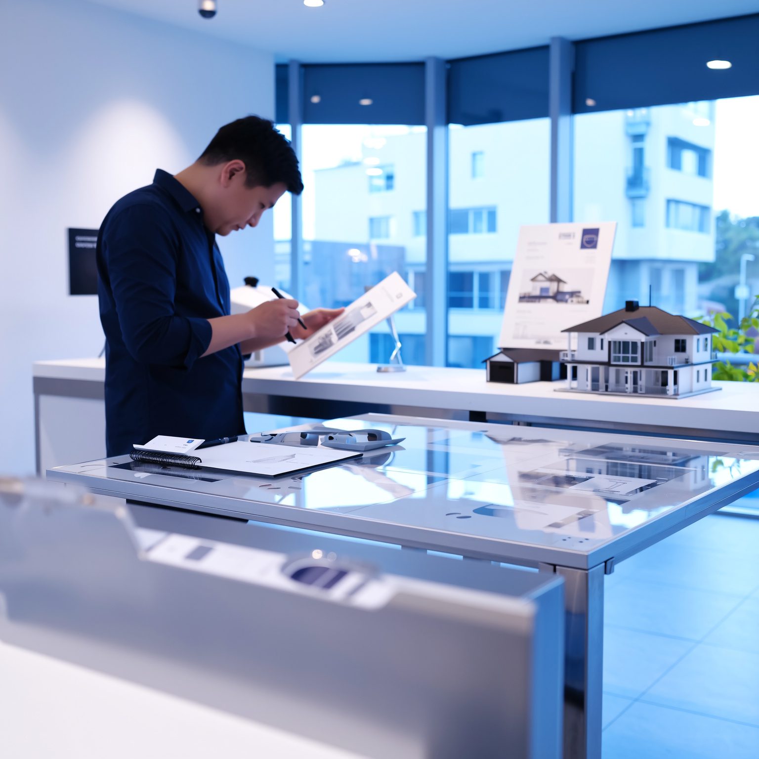 Customer inspecting products in a showroom, highlighting commercial cleaning for retail and showroom spaces
