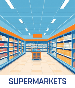 commercial-cleaning-supermarket-cartoon-canberra Cartoon illustration of a supermarket representing Cleanzone commercial cleaning services in Canberra