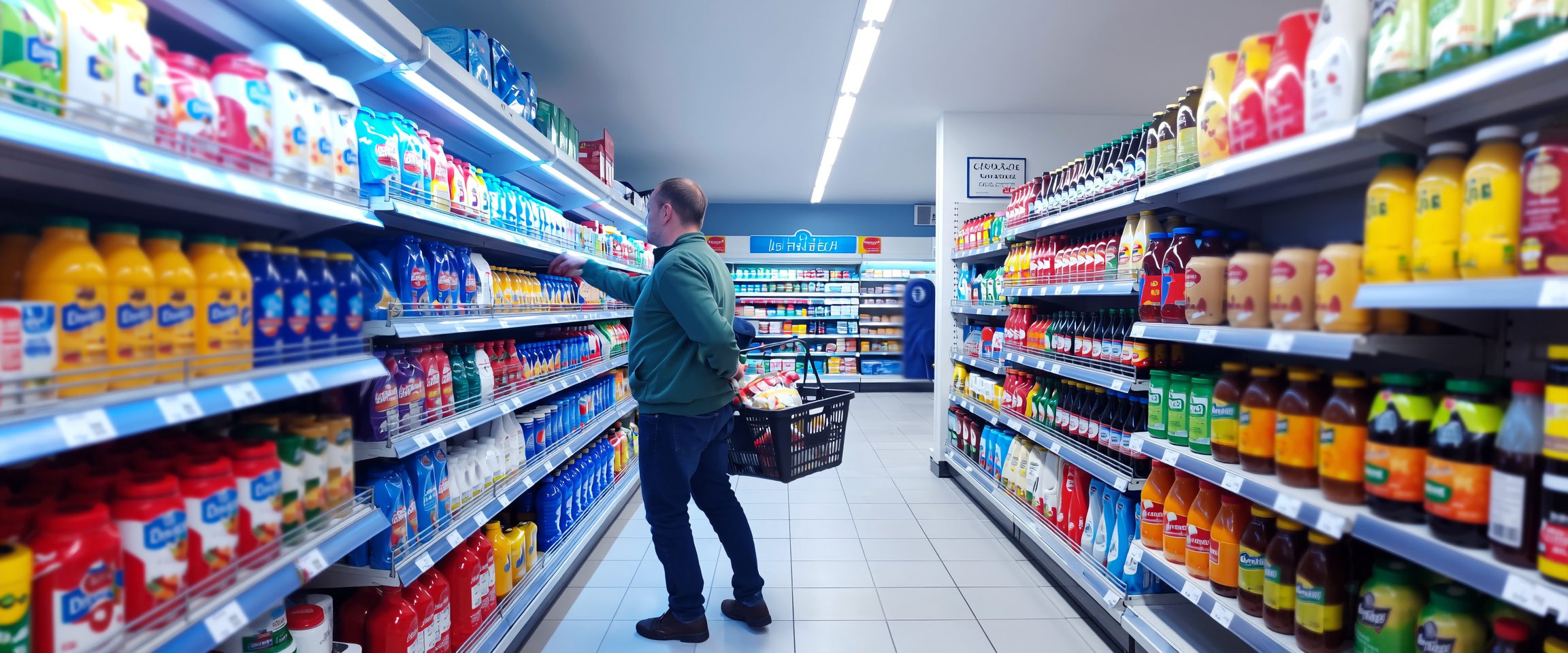 Man selecting groceries from supermarket shelves, representing commercial cleaning in retail environments