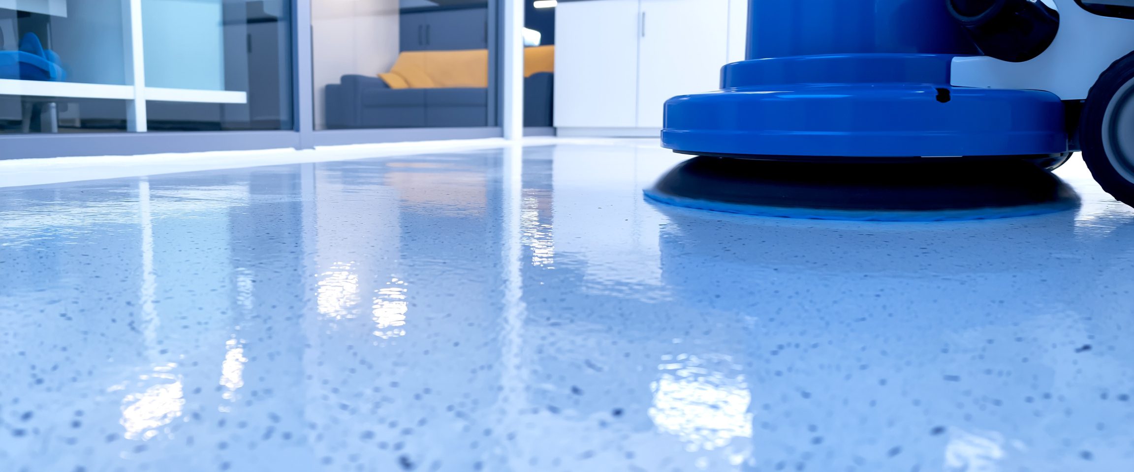 ommercial cleaner using a floor polishing machine to restore shine to hard floors in a Canberra business premises